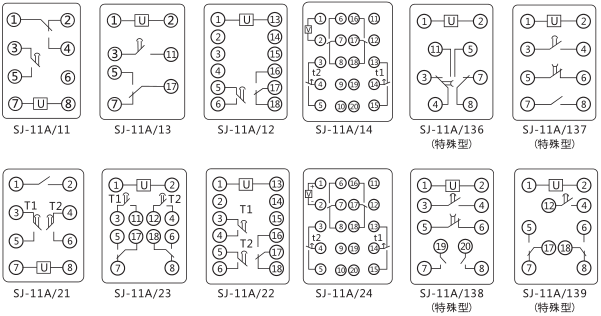 SJ-11A/14集成電路時(shí)間繼電器內(nèi)部接線圖及外引接線圖片 SJ-11A/14集成電路時(shí)間繼電器內(nèi)部接線圖及外引接線圖片