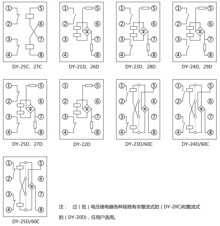 DY-21D~25D/60C電壓繼電器內(nèi)部接線圖及外引接線圖(正視圖) DY-21D~25D/60C電壓繼電器內(nèi)部接線圖及外引接線圖(正視圖)