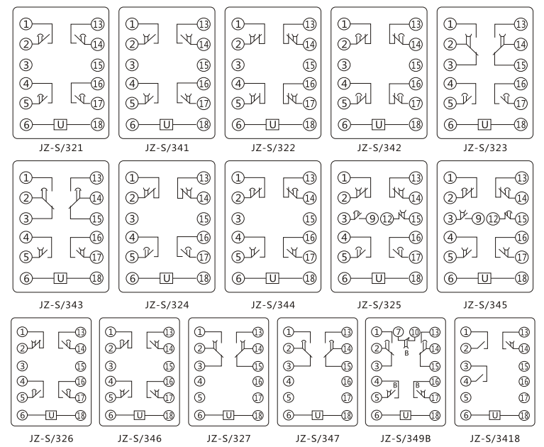 JZ-S/446靜態(tài)可調(diào)延時中間繼電器內(nèi)部接線圖及外引接線圖 JZ-S/446靜態(tài)可調(diào)延時中間繼電器內(nèi)部接線圖及外引接線圖
