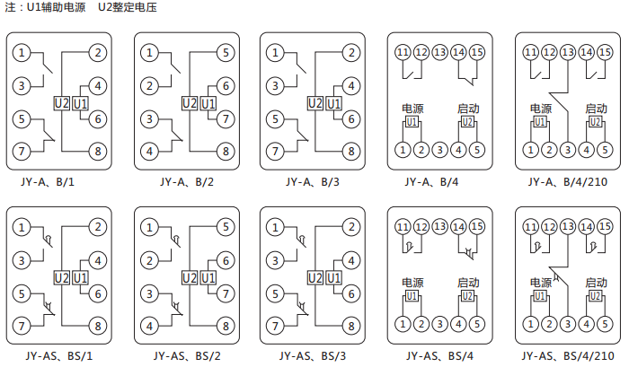 JY-AS/4集成電路電壓繼電器內部接線及外引接線圖 JY-AS/4集成電路電壓繼電器內部接線及外引接線圖